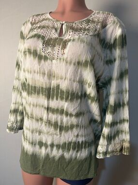 Alfred Dunner Women's Tie Dye 100%Cotton Wrinkle 3/4 Sleeve Lace Details Sz 18
